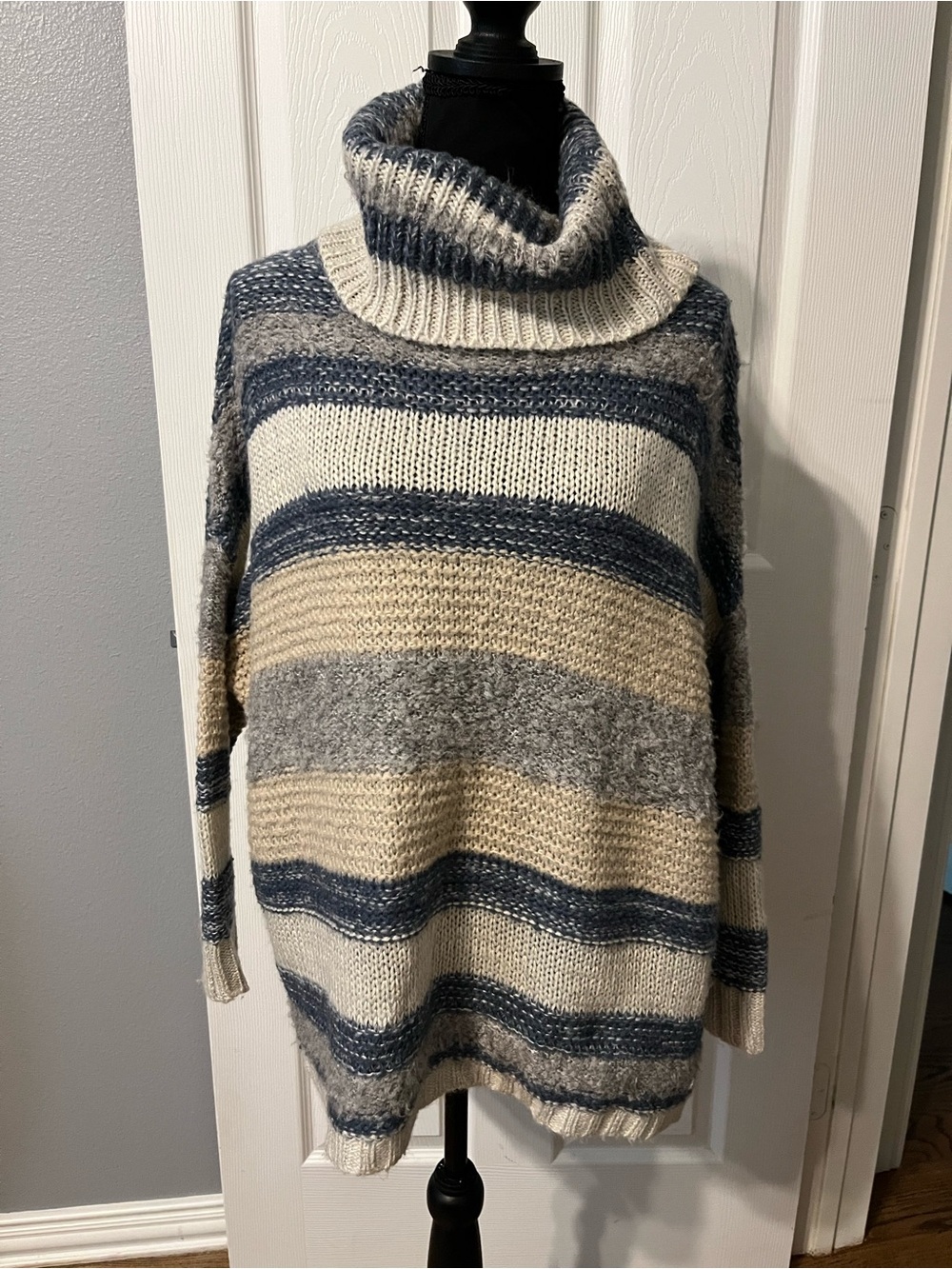 Striped Cowl Neck Sweater in Cream, Gray & Blue